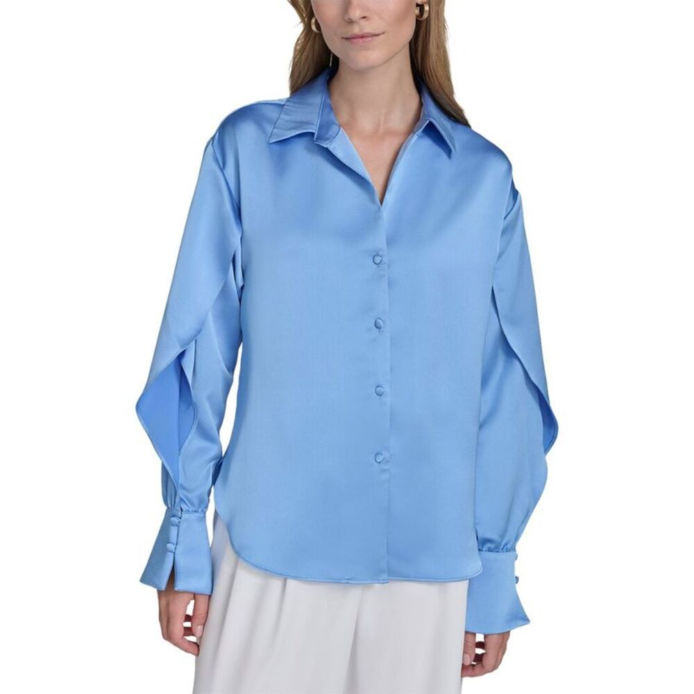 Halston Womens Ruffle Sleeve V-Neck Blouse, Blue
